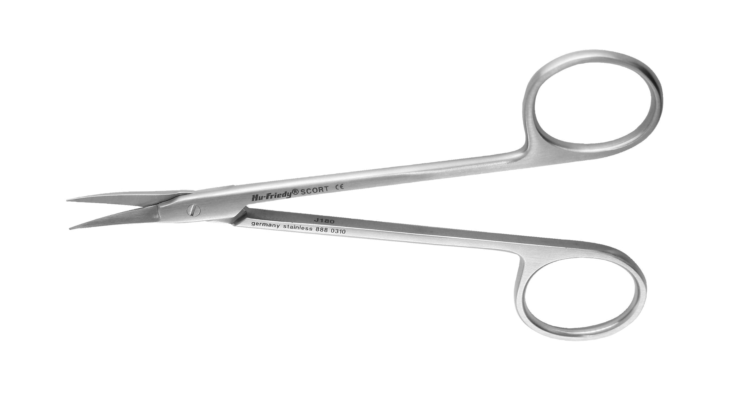 The Hu-Friedy Cortellini Scissors by Hu-Friedy are small, stainless steel scissors with curved blades and dual finger loops, perfect for soft-tissue management or suture cutting, shown isolated on a white background.