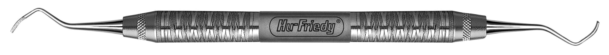 The Hu-Friedy Kramer-Nevins DE Perio Surgical Curettes are double-ended metal dental tools with textured grips and curved, pointed tips, ideal for bone contouring during periodontal surgery. Brand: Hu-Friedy.