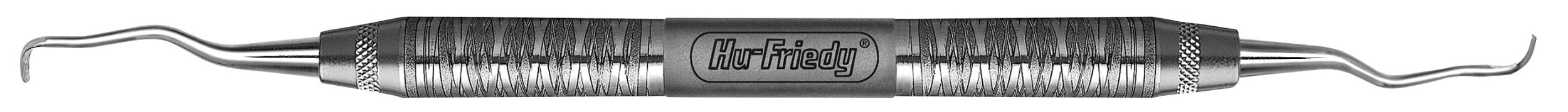 The Hu-Friedy Kramer Perio Surgical Curettes, made of stainless steel with textured grips and curved, pointed ends, are ideal for granulation tissue removal in periodontal flap surgery and inspired by Kramer surgical curettes.