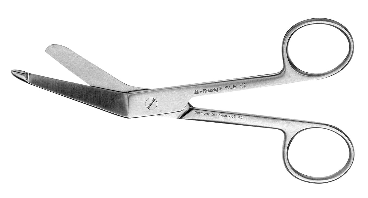 The Hu-Friedy Lister Bandage Scissors by Hu-Friedy feature angled stainless steel blades and a blunt tip for safely cutting medical dressings. Shown open on a white background.