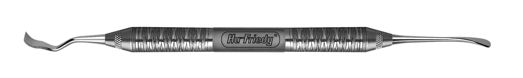 The Hu-Friedy Palacci Back Action Chisel is a metal periodontal tool with a textured grip and curved dual ends, designed by Hu-Friedy for precise bone removal.