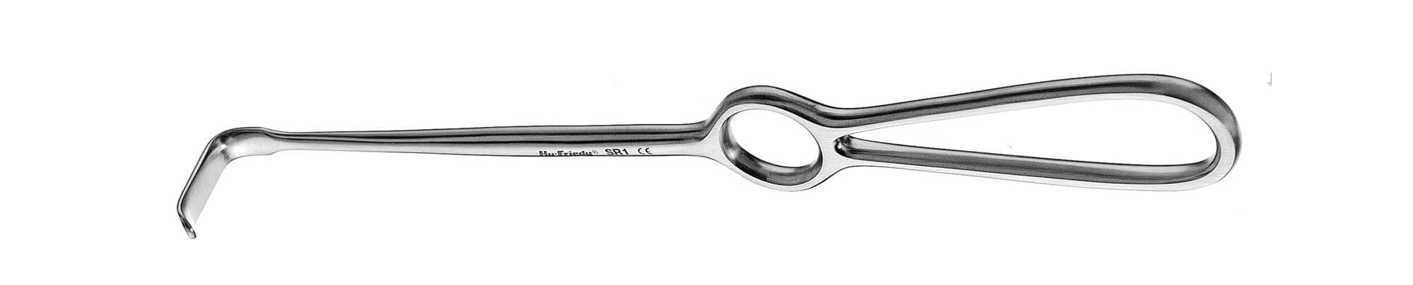 The Hu-Friedy #3 Surgical Retractor is a stainless steel instrument with a long handle, circular mid-grip, and small hooked tip, designed for use in medical procedures.