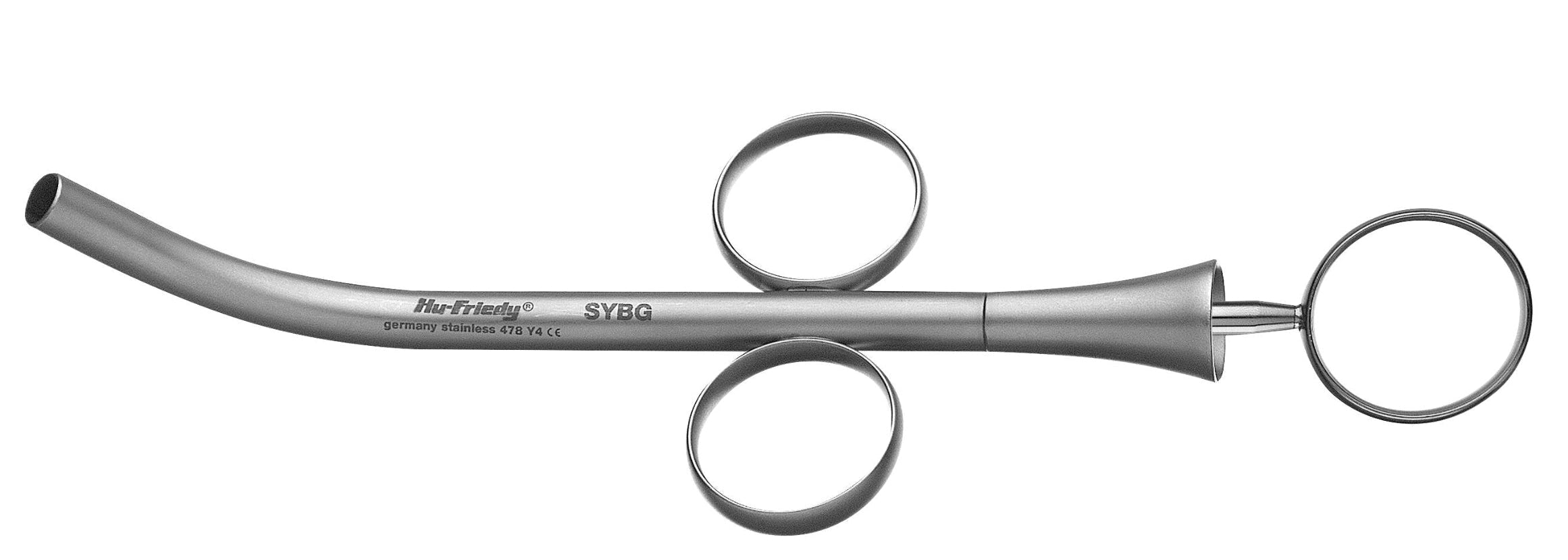 The Hu-Friedy 7mm Syringe Bone Grafting by Hu-Friedy is a stainless steel dental syringe with curved tube, finger rings, and thumb ring, ideal for precise particulate bone graft delivery.