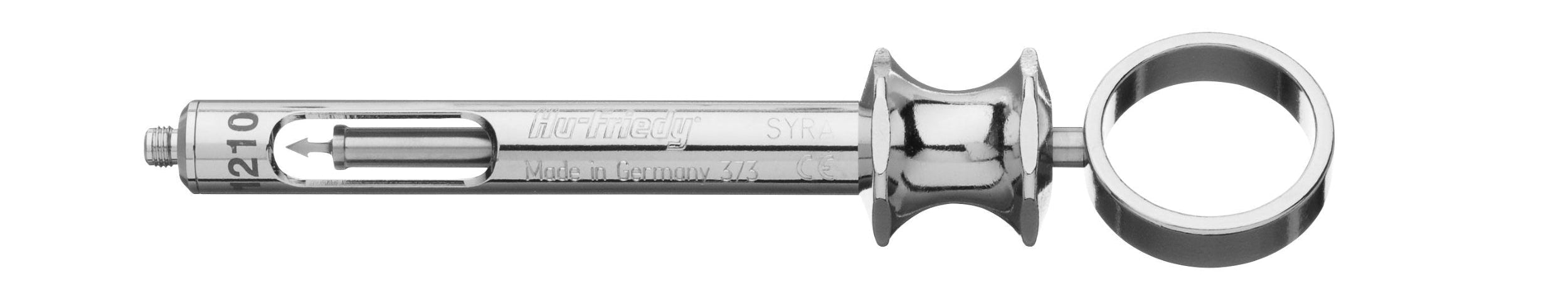 The Hu-Friedy Anesthetic Aspirating Syringe features stainless steel construction, a thumb ring, finger rests, and a barrel for anesthesia cartridges. Designed by Hu-Friedy for precise injection control. Shown on a white background.