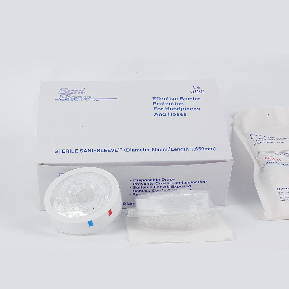 The Xemax Sani-Sleeve Sterile Handpiece & Equipment Cover Sleeve offers clear plastic barrier protection for handpieces and hoses, making it ideal for dental equipment. The sleeves and packaging are arranged on a light surface.