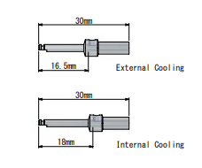 Diagram showing two cylindrical components: top labeled External Cooling (30mm length, 16.5mm section) and bottom labeled Internal Cooling with internal irrigation—ideal for use with the Dentech Drill Extender by Dentech.