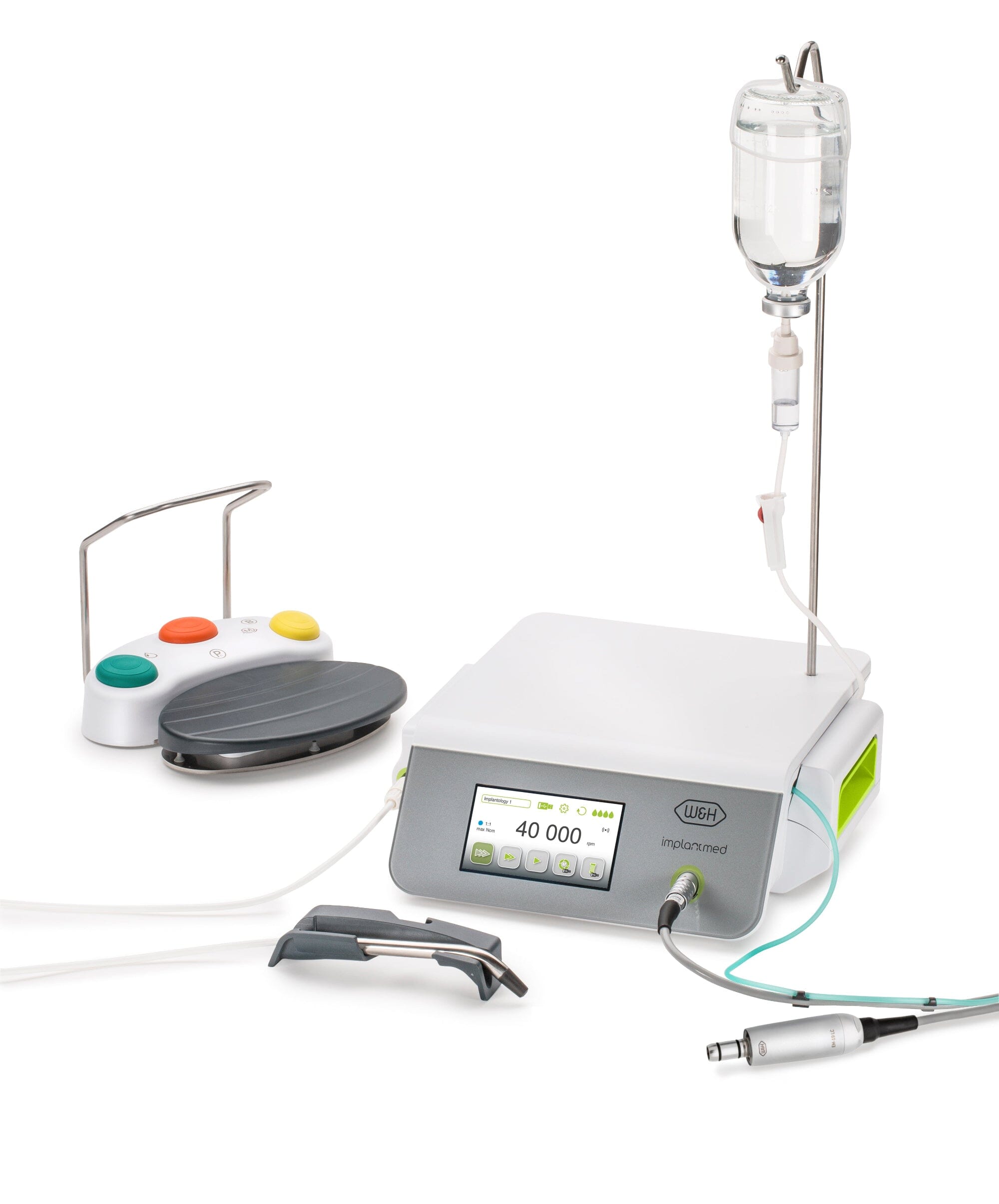 The W&H Implantmed Plus SI-1015 Implant Motor System (120 V) features a control unit, handpiece, foot pedal, and saline drip set. It offers torque control for implant procedures with a digital display showing operational settings.