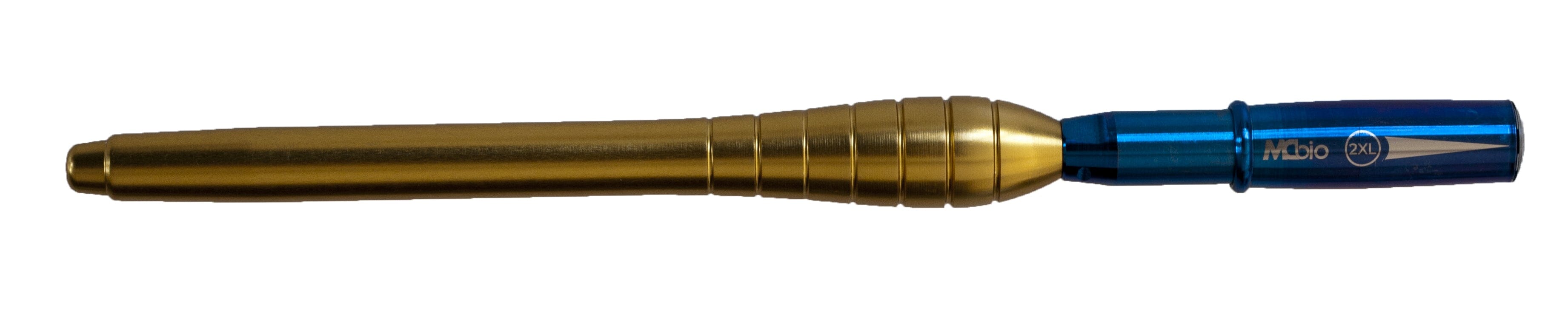 A gold and blue ballpoint pen with textured grip, blue cap, and HiBio Pen printed on it—ideal for taking notes on the McBio MCBio STS Straight Bone Scraper – Anterior during autogenous bone collection or GBR instrument procedures.