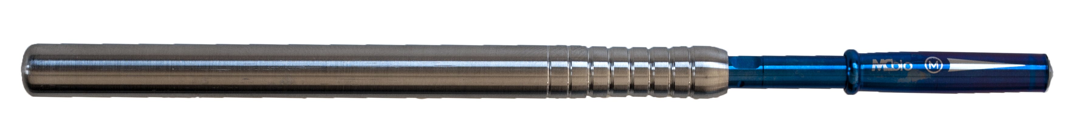 A metal instrument, the MCBio STS Straight Bone Scraper – Anterior by McBio, features a silver ribbed barrel and a blue metallic shaft, shown horizontally on a white background—evoking surgical precision.