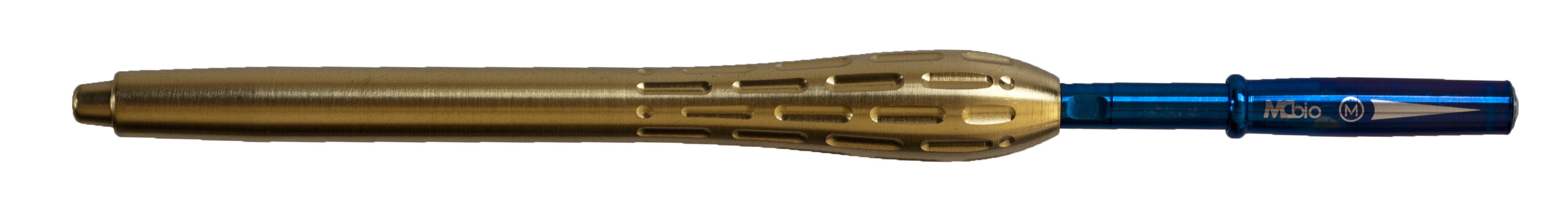 A blue ballpoint pen with a large, textured, gold metal grip on its barrel resembles the McBio MCBio STS Straight Bone Scraper – Anterior seen in autogenous bone collection.
