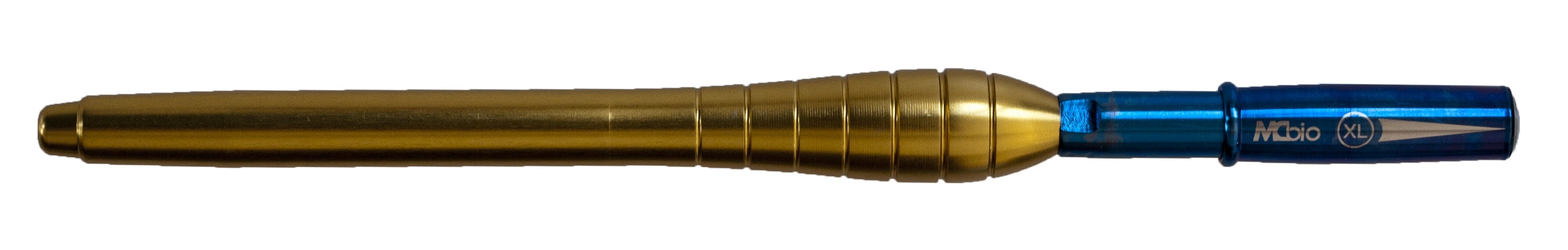 A gold and blue dart with a metallic body and ridged grip, labeled McBio, resembles the precise design of the MCBio STS Straight Bone Scraper – Anterior.