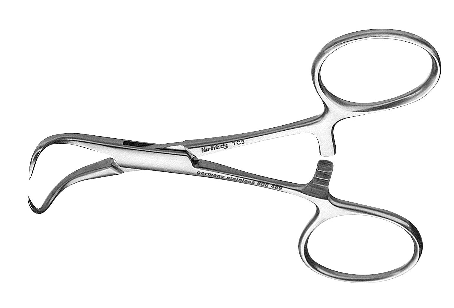 A 5-inch Hu-Friedy Backhaus Towel Clamp, a stainless steel surgical instrument with curved, pointed tips and two finger rings, stands upright on a white background.