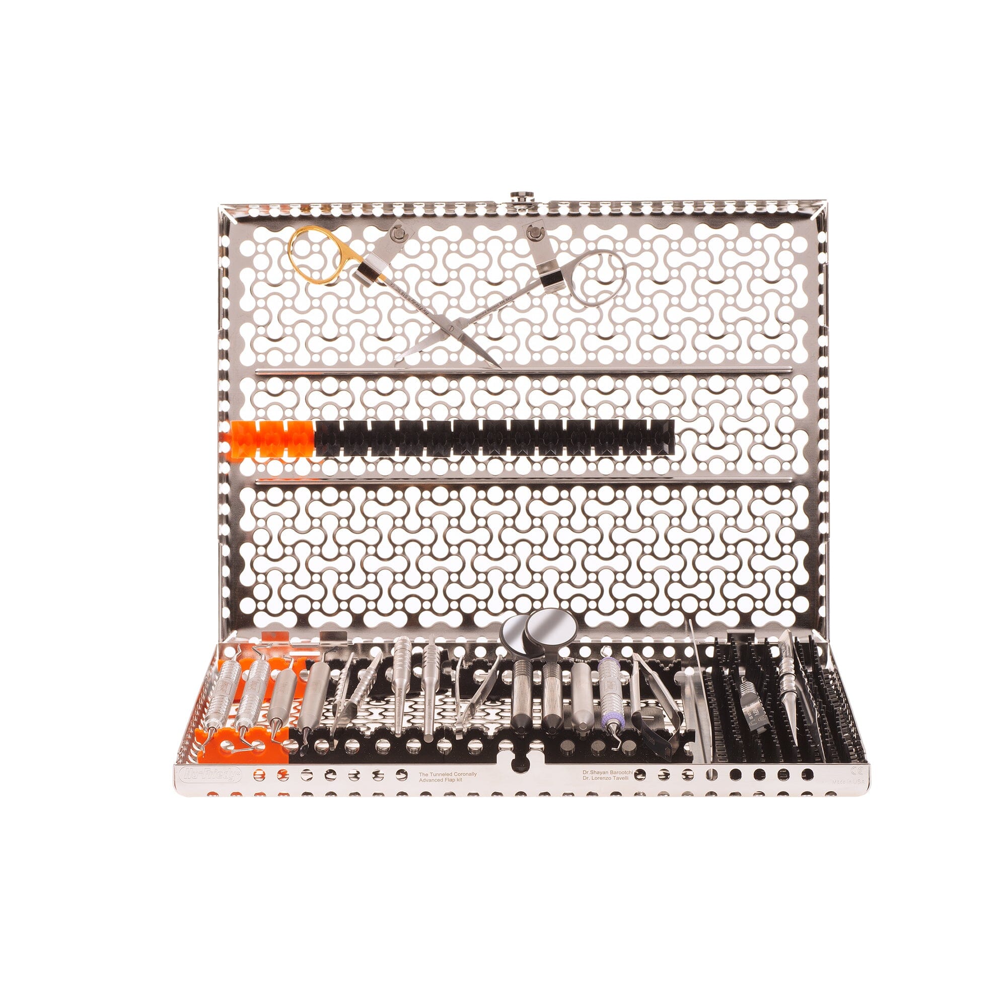 The Hu-Friedy TCAF Kit, Barootchi & Tavelli, is displayed open on a white background. The metal sterilization case features intricate perforations and contains organized dental instruments including a tunneling knife, syringes, and vials with colored caps.