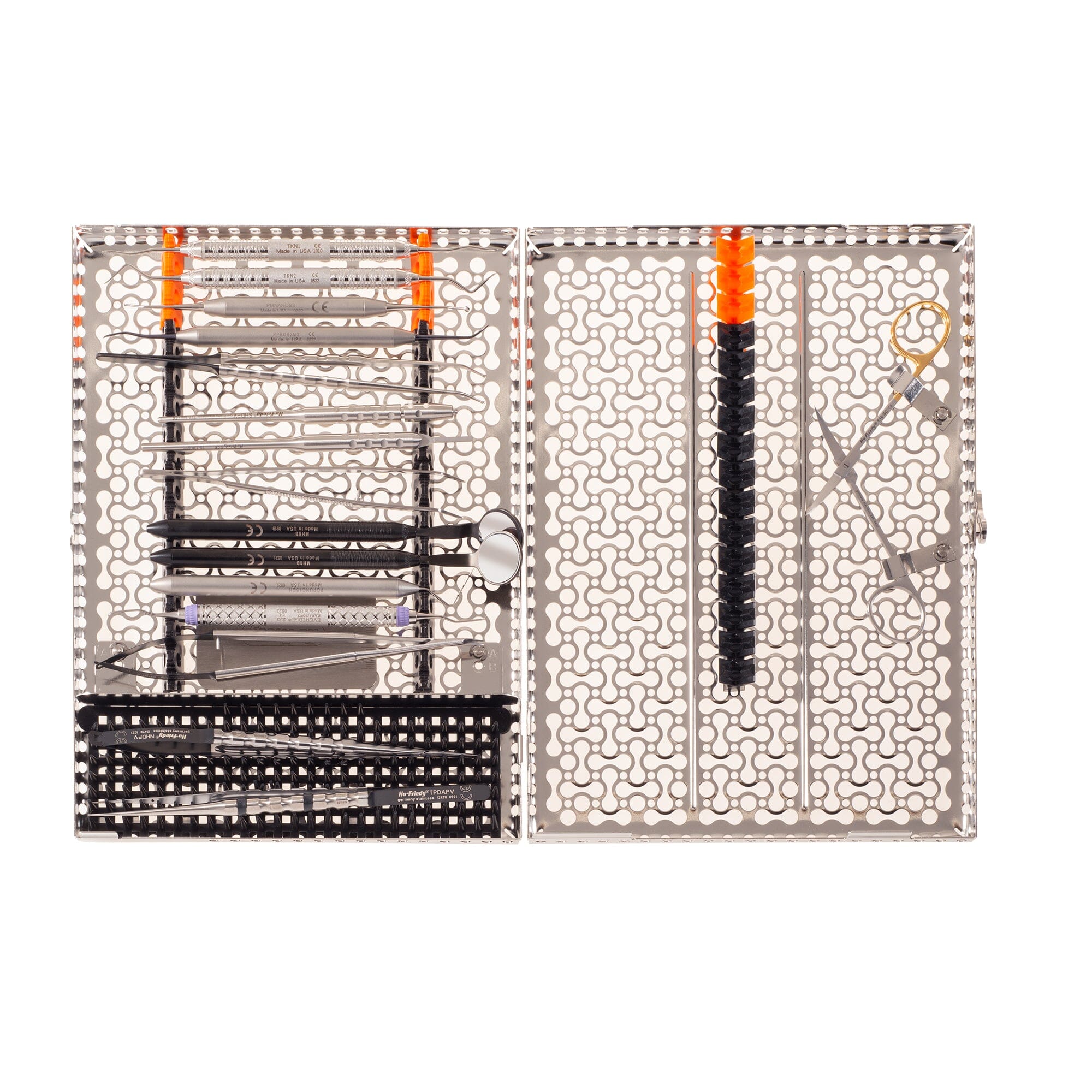 The Hu-Friedy TCAF Kit, Barootchi & Tavelli is a metal sterilization tray organizing dental instruments in orange and black holders, ideal for soft tissue grafting procedures.