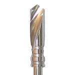 Close-up of a metallic Dentech Twist Drill – External Cooling, a spiral fluted osteotomy drill with a shiny surface and cylindrical shank, used for cutting or shaping bone in dental implant procedures by Dentech.