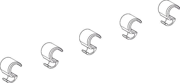 Five W&H Spare tube clamps (5 pcs) for Implantmed SI-915 motor cable, not for Implantmed Classic, are arranged diagonally from bottom left to top right on a white background, all in the same orientation.