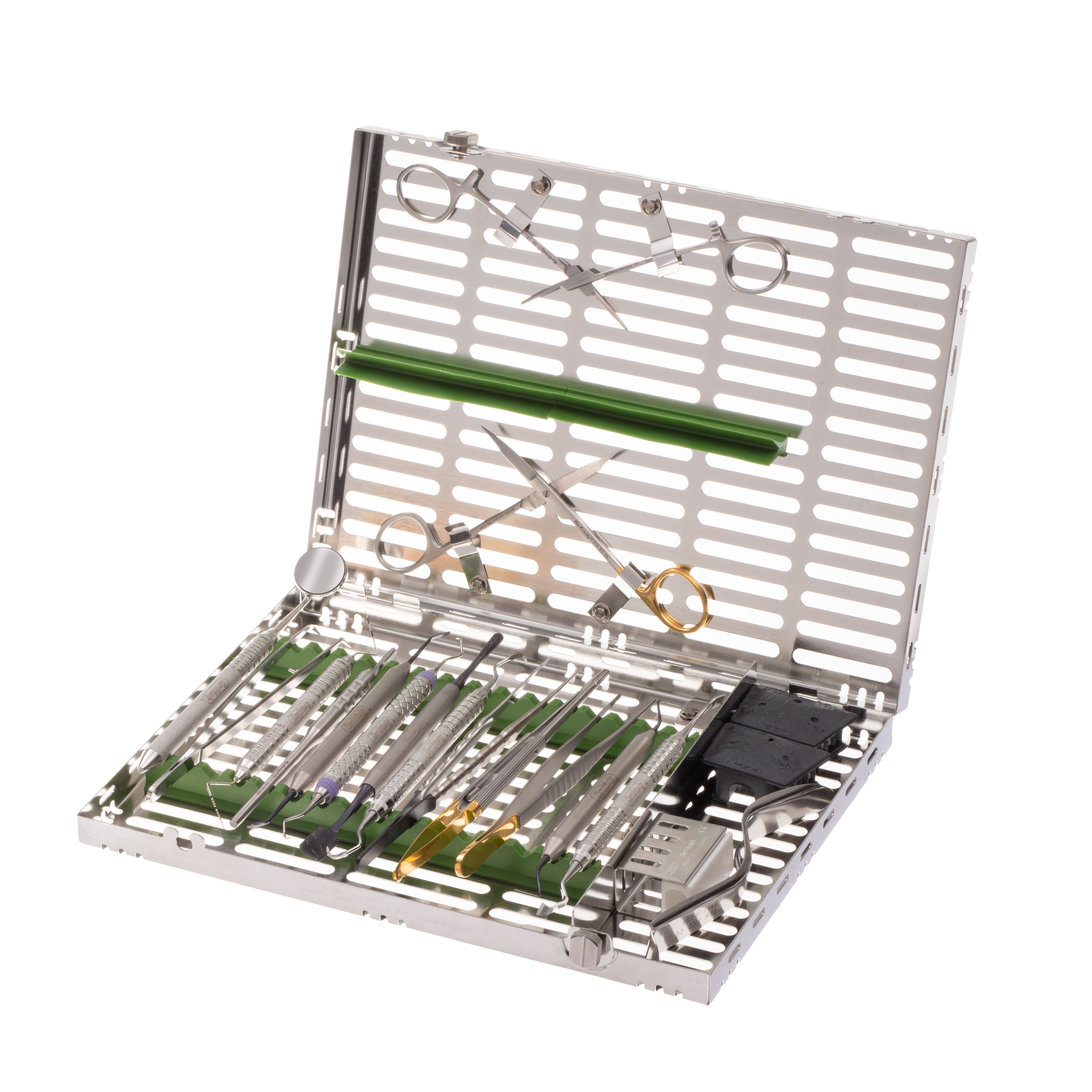 The Hu-Friedy Urban General Surgery Kit by Hu-Friedy includes various dental instruments, such as mirrors, probes, forceps, a periosteal elevator, and tweezers, all organized in a sterilized metal case with green holders.