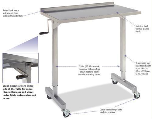 The Strato Stainless Steel Adjustable Over-the-Patient Instrument Table by Xemax Surgical Products Inc. is 40" wide, features caster wheels, crank-operated height adjustment, telescoping legs, and a raised back edge to prevent items from sliding off.