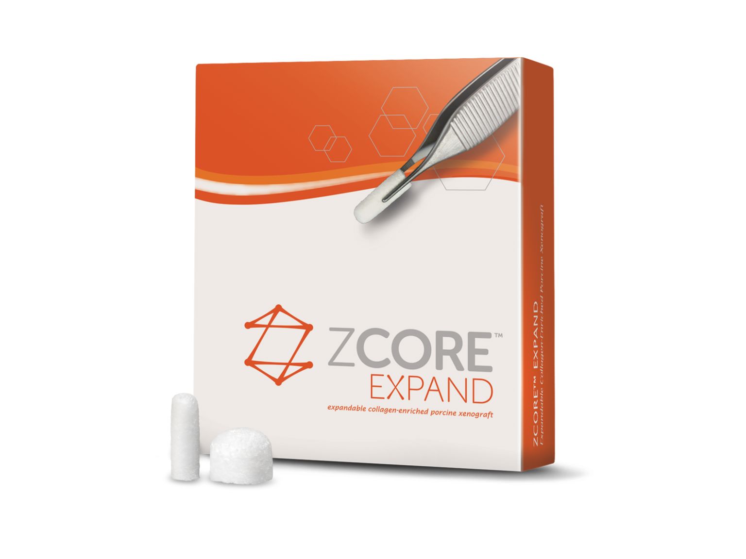 A box labeled Zcore™ Expand Collagen-Enriched Porcine Xenograft by Osteogenics, featuring a stylized design, an image of tweezers with a cylindrical plug, and two collagen-enriched porcine xenograft collagen plugs in front.