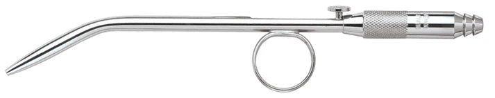 The Quality Aspirators No-Clog Surgical Aspirators with Built-In Stylet - HVE feature a curved tube, finger ring, and textured handle for effective high-volume evacuation and suction during medical procedures.