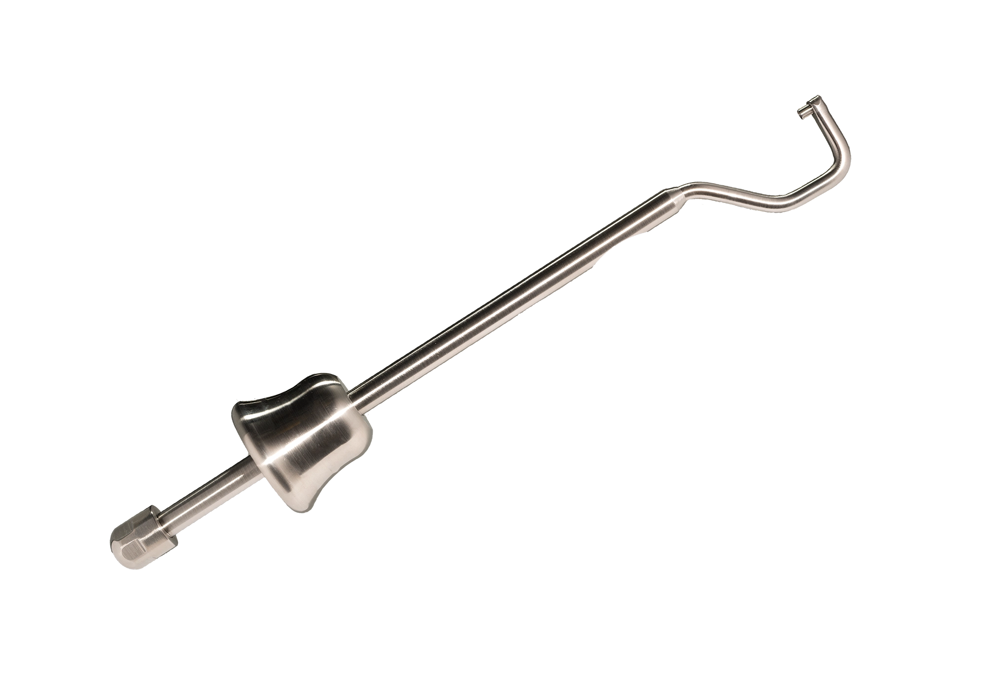 The McBio SuperTack Back Applicator – Stainless Steel is a metal dental tool with a curved, hooked end and smooth handle, designed for tack insertion during dental procedures, shown isolated on a white background.