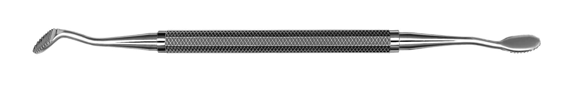The Hu-Friedy #12 Howard Bone File is a double-ended stainless steel dental tool with a textured grip, featuring small angled and larger flat oval heads for precise surgical procedures.