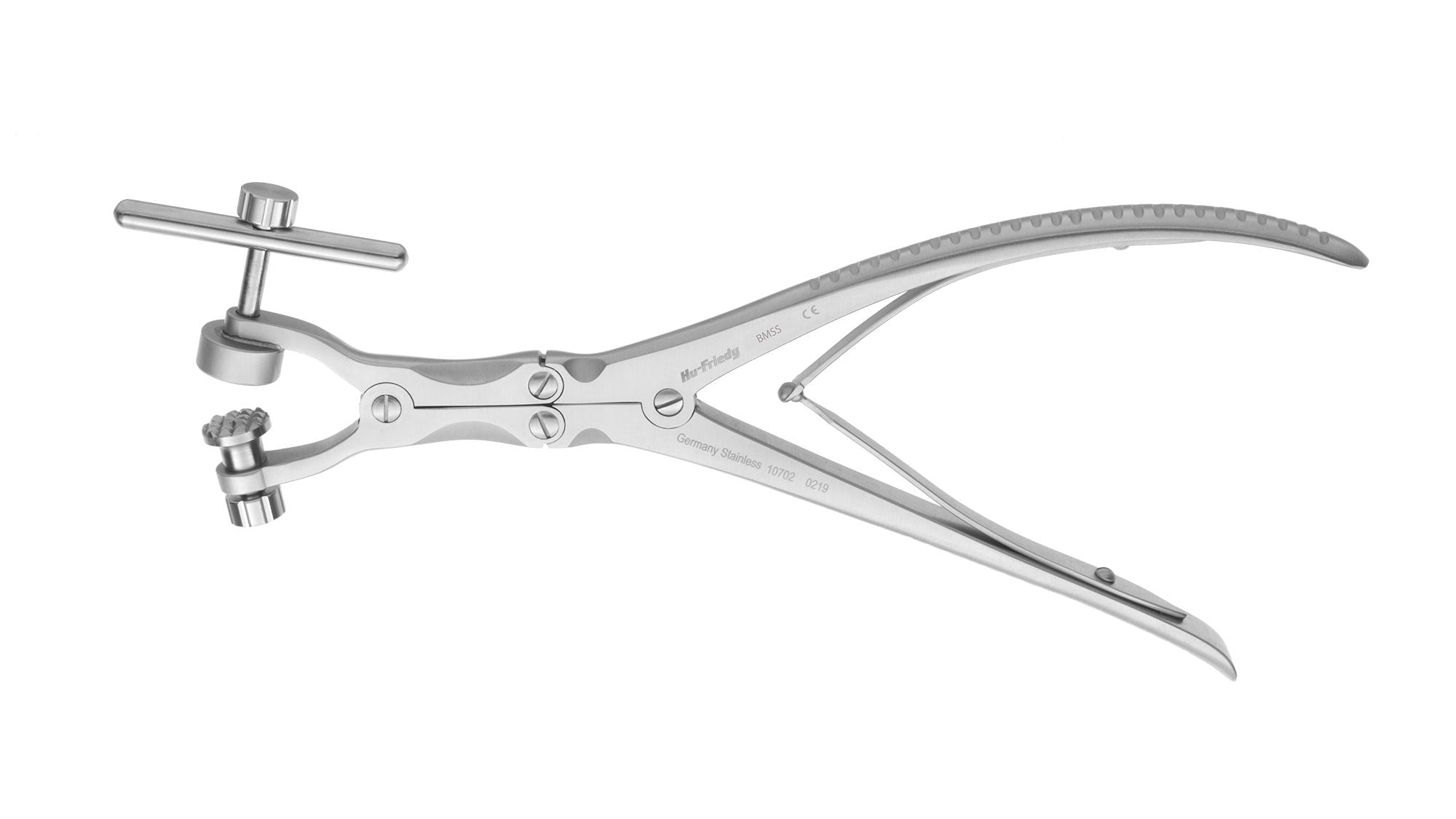 The Hu-Friedy Giles de Quincey Bone Mills by Hu-Friedy features a curved handle, double-action hinge, adjustable screw, and serrated jaw—ideal for cutting or removing bone in autogenous bone graft procedures.