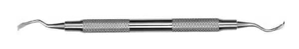 The Hu-Friedy Rhodes 36/37 Back Action Chisels is a double-ended dental tool with textured grips and curved tips on each end, designed by Hu-Friedy for effective dental procedures such as cleaning or examination.