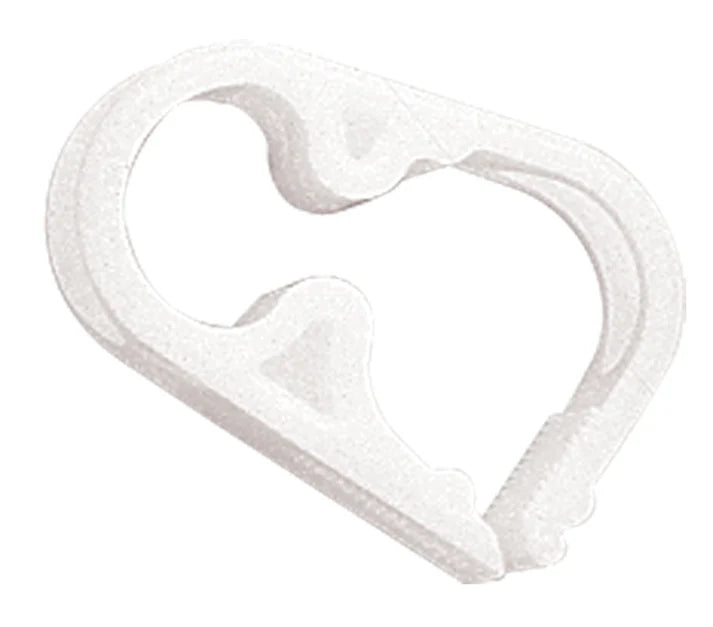 A close-up of a Quality Aspirators Cut-Off Clamp for Surgical Suction & Irrigation Tubing, made of white plastic with a flattened oval shape and notch, designed for secure closure similar to clips used for bags.