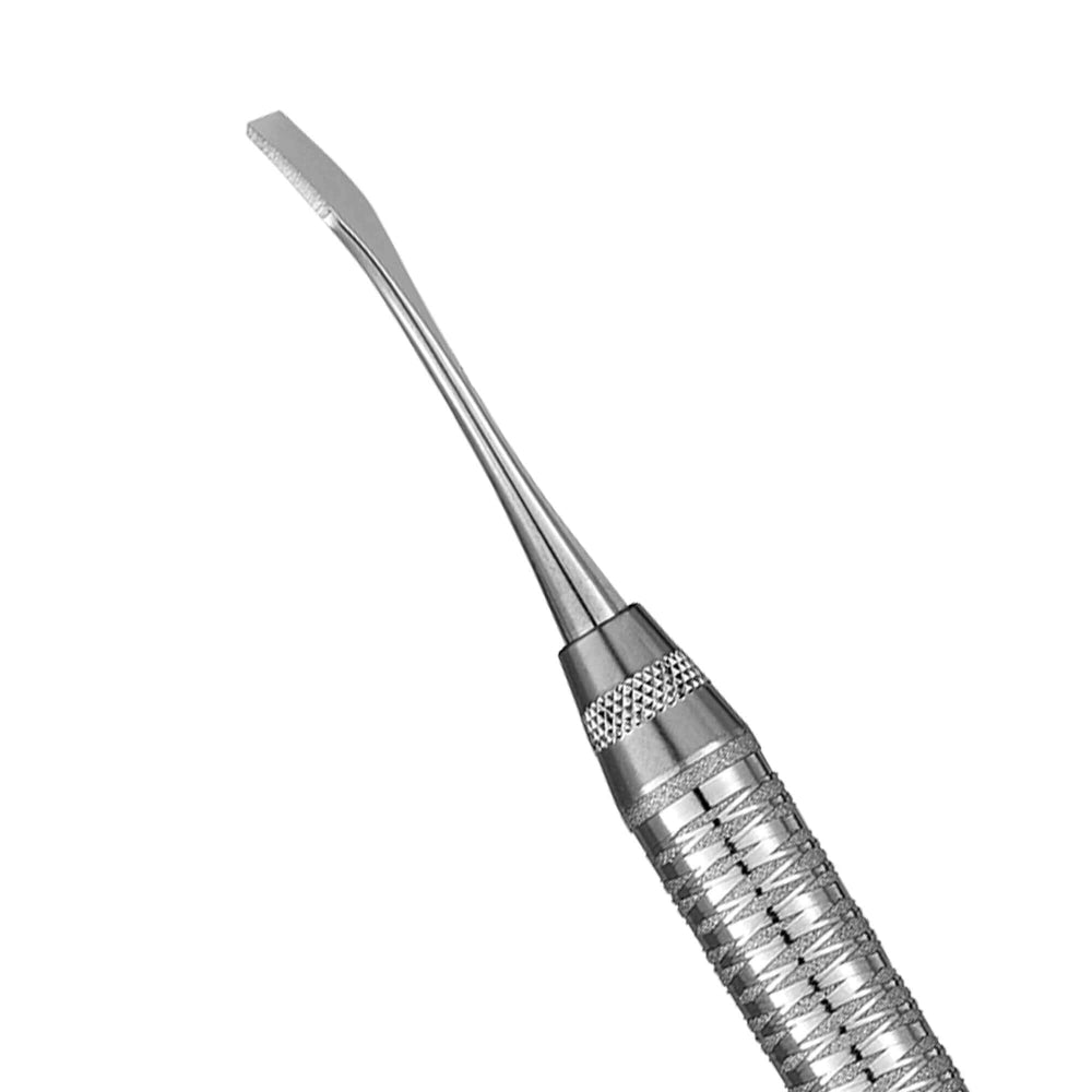 Close-up of a Hu-Friedy Urban Back Action Chisel, featuring a textured, ribbed handle and flat, angled tip, commonly used for implant site measurement or bone harvesting during regenerative surgery.