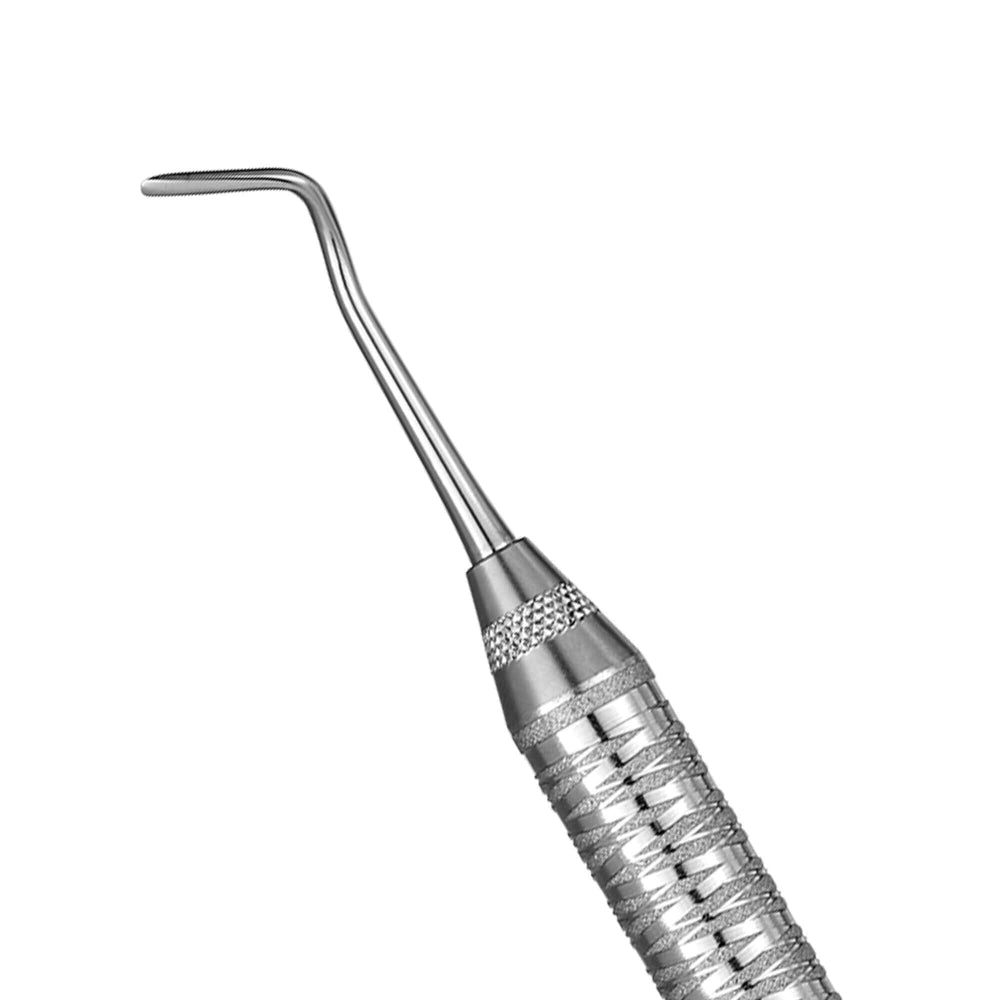 The Hu-Friedy Urban URBAN2 Periodontal Bone Chisel is a stainless steel dental tool with a textured handle and thin, curved, flat tip, designed for periodontal procedures such as examinations, cleaning teeth, or crown lengthening.