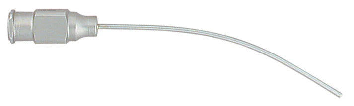 The Dovgan Replacement Luer Lock Needles by Quality Aspirators are single-use syringe tips with long, curved extensions for irrigation or precise fluid delivery, compatible with luer lock syringes and suitable for MTA application.