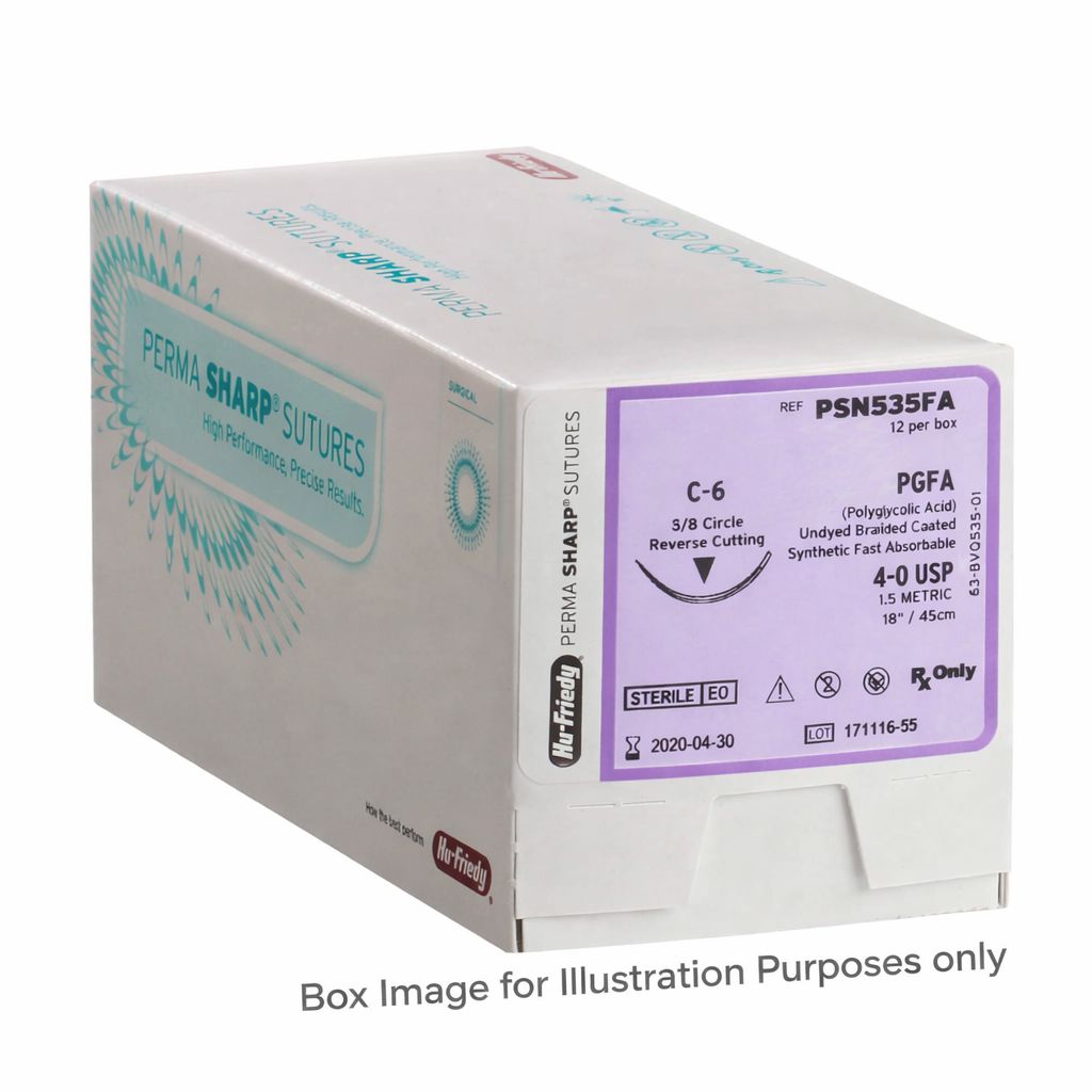 A white and purple box labeled Hu-Friedy Fast Absorbing PGA Sutures with product details, including Hu-Friedy brand, 4-0 USP, and 12 per box. Text below states, Box Image for Illustration Purposes only.