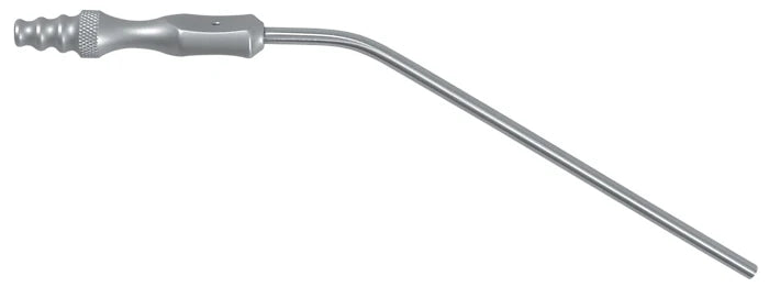 The Quality Aspirators Frazier Aspirators – Long Bend Assortment (French Sizes) feature a metallic, grooved handle, a slightly curved shaft, and a narrow suction tube in assorted French sizes.