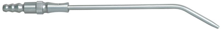 The Quality Aspirators Modified Frazier Surgical Aspirator – Tapered Tip is a metal saliva ejector with a curved, narrow, tapered tube and a connector end for suction equipment.