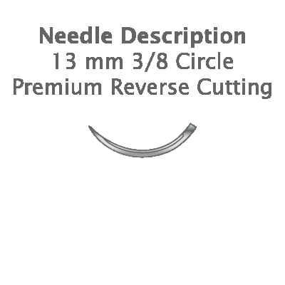 A Resorba Glycolon PGA-PCL 13 mm 3/8 Circle Premium Reverse Cutting absorbable monofilament dental suture needle is displayed under the text on a white background.