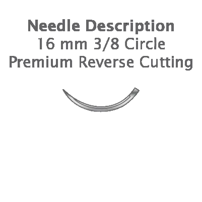Image shows a Resorba Glycolon PGA-PCL 16 mm 3/8 Circle Premium Reverse Cutting needle, designed for use with absorbable monofilament dental sutures by Resorba in oral surgical procedures.