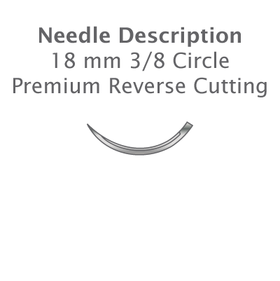 Diagram showing an 18 mm 3/8 circle premium reverse cutting needle beneath the description, ideal for use with Resorba Glycolon PGA-PCL Absorbable Monofilament Dental Sutures in oral surgical procedures.