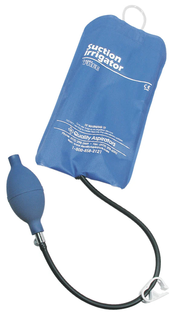 The blue Replacement Pressure Cuff (500cc bag) for K-COMP by Quality Aspirators features a flexible tube, hand pump bulb, and a rectangular 500cc bag labeled suction irrigator.