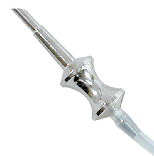 A close-up of the Quality Aspirators Replacement Stainless Steel Striker (K-Comp system) attached to a clear plastic tube, highlighting its shiny, metallic, tapered tip for enhanced durability.