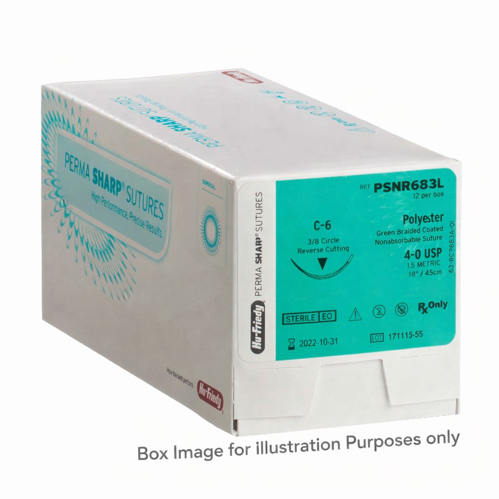 A white and teal box labeled Hu-Friedy Polyester Sutures shows size, braided non-absorbable material, and expiration date. "Box Image for Illustration Purposes only" is at the bottom. Ideal for dental surgery use. Brand: Hu-Friedy.
