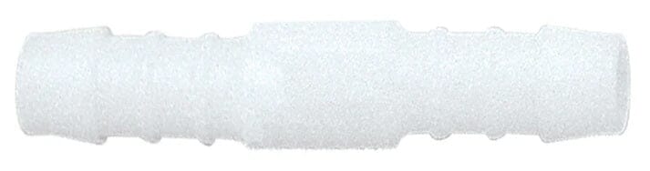 The Quality Aspirator Straight Tubing Connector – Extender by Quality Aspirators is a white, cylindrical plastic connector with ridges and barbed ends for securing HVE or surgical tubing.