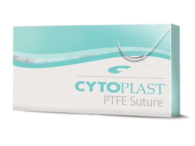 A box of Osteogenics Cytoplast PTFE Sutures, Non-Absorbable Monofilament Dental Sutures, with a teal and white design and a curved needle illustration—ideal for secure dental surgical closure.