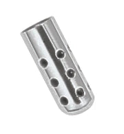 A small, cylindrical stainless steel Replacement Head for NSE Saliva Ejector by Quality Aspirators, featuring several holes of varying sizes arranged in rows along its surface and viewed at a slight angle.