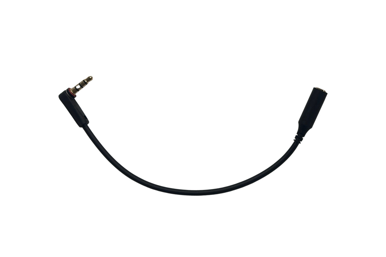 The Sedation Stethoscope Piezo Chestpiece Cable – Replacement Part is a black audio extension cable with a right-angle 3.5mm male connector and 3.5mm female jack, shown on a white background, ideal for respiratory sound monitoring.