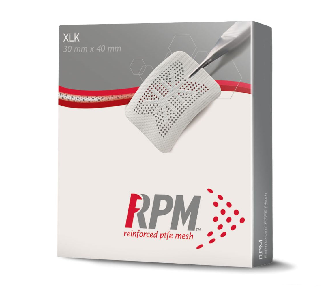 A box of Osteogenics RPM™ Reinforced PTFE Mesh Membrane (Box/1) features red and gray design accents and an image of a white 30 mm x 40 mm rectangular mesh held by tweezers for ridge augmentation.