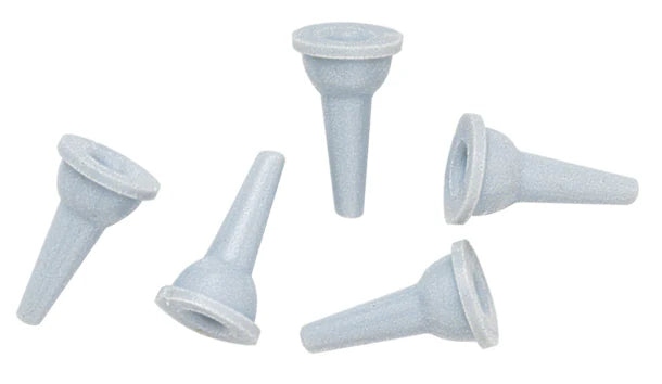Five gray rubber Replacement Tips for EY ENDO A Aspirator by Quality Aspirators are scattered on a white background. These cone-shaped tips are designed for use in medical settings.