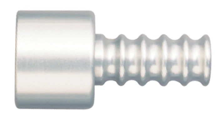 The Quality Aspirators Surgical Tubing Quick Disconnect for FLIP-SE Valve is a metallic cylinder with a smooth cap on one end and ribbed, stepped sections on the other to secure 1/4″ surgical tubing.