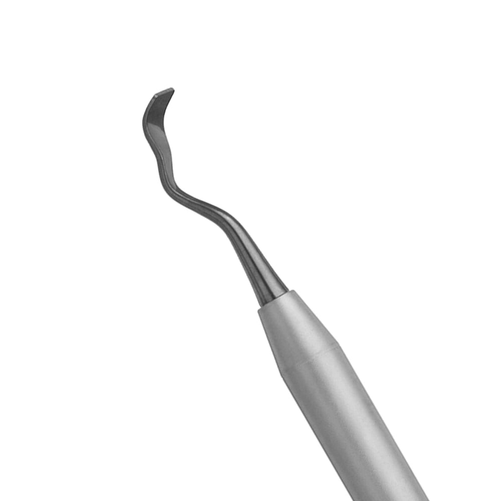 A close-up of a Hu-Friedy Palacci Back Action Chisel, a curved, pointed periodontal instrument from Hu-Friedy used for bone removal during dental procedures, shown against a white background.