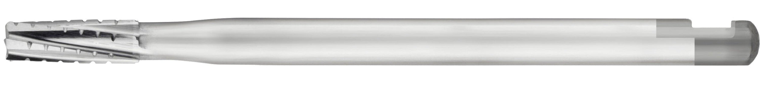 A close-up of an SS White HP Flat-End Cross-Cut Straight Fissure Carbide Bur (Sterile, 560, Pkg/10) cutting tool with spiral flutes, photographed against a white background.